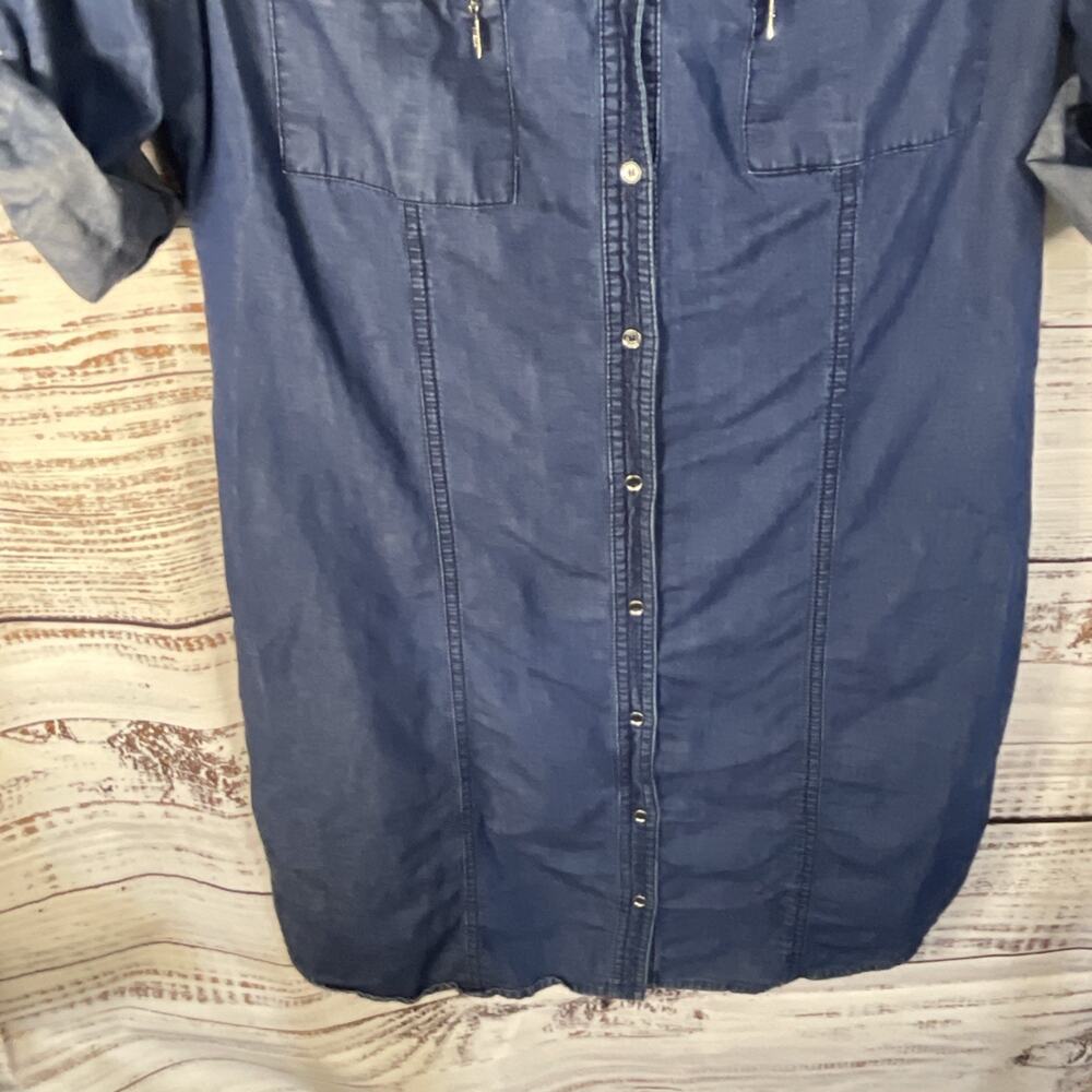 Guess Womens Button Down Roll Tab Sleeves Blue 100% Cotton Midi Dress Medium - Picture 6 of 9